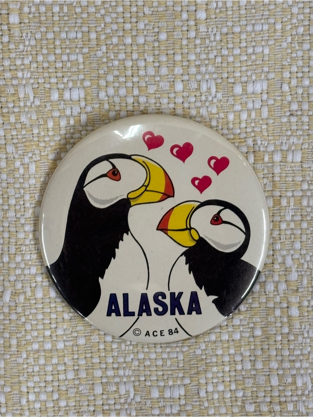 1984 Alaska Puffin Button Pin in White, Black & Yellow -